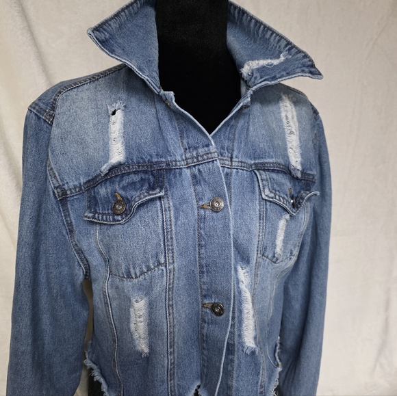 Love Tree Jackets & Blazers - 100% Cotton Love Tree Denim Jacket Size Medium Distressed Light Blue Button Up.